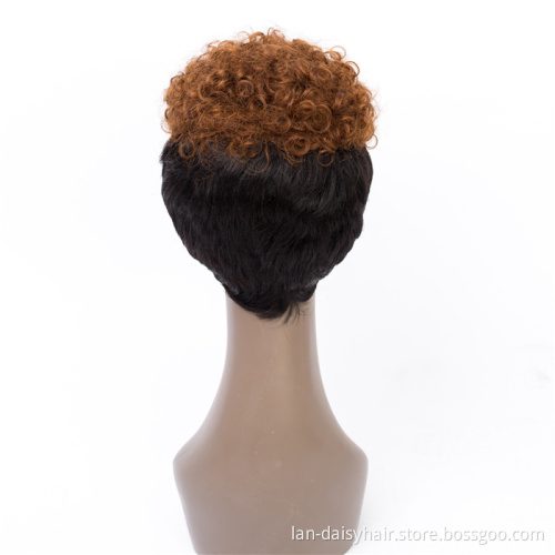 Colored Short Curly Wigs For Black Women Ombre Blonde Brown Jerry None Lace Human Hair Wig